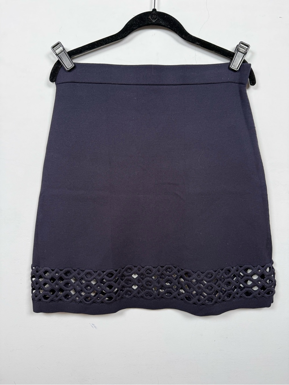 Ann Taylor Navy Blue Knit A-Line Skirt Geometric Cutout Laser Hem Size M